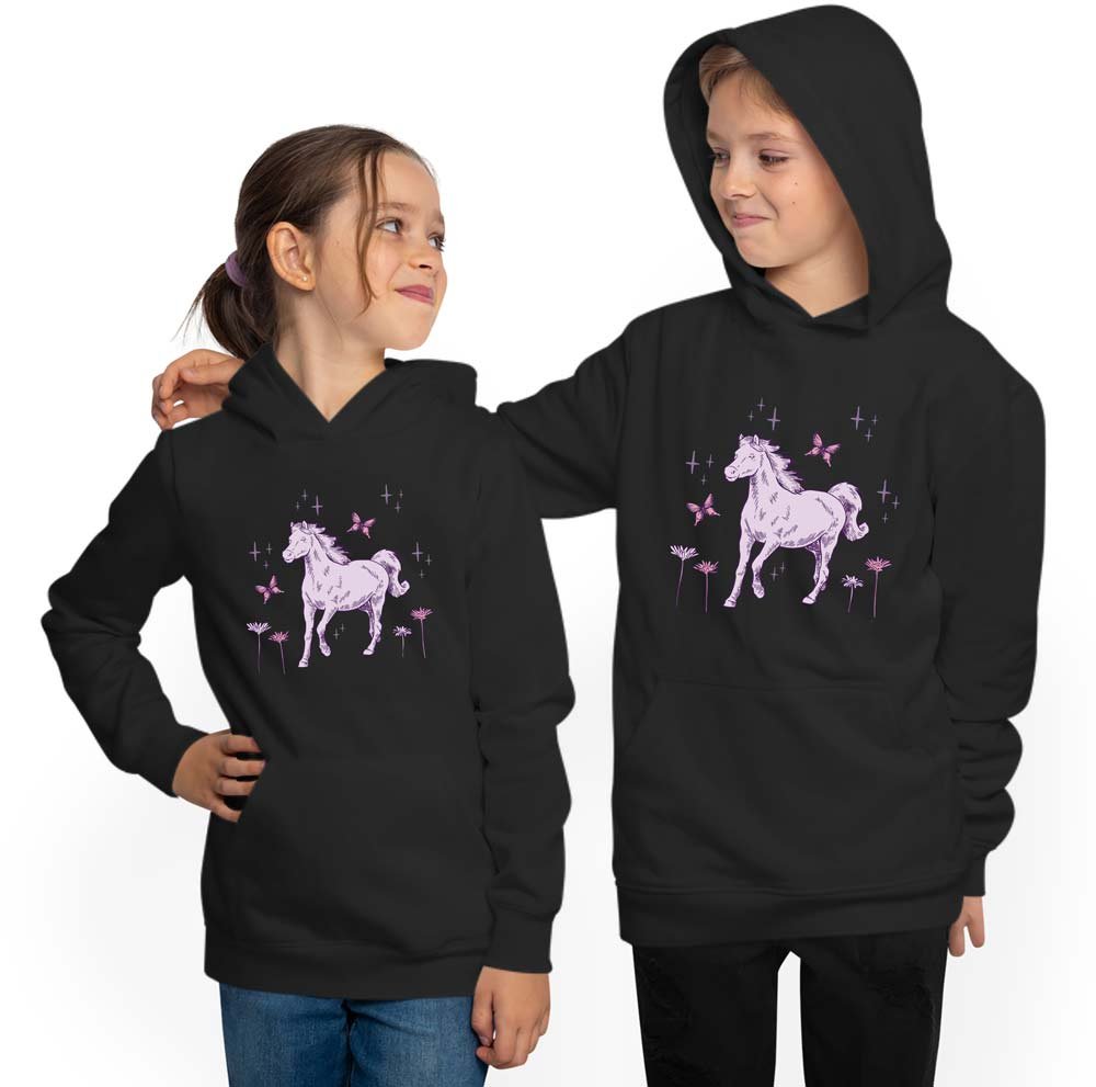 Hoodie Hooded Sweater Kids - Galloping Horse and Flowers i144